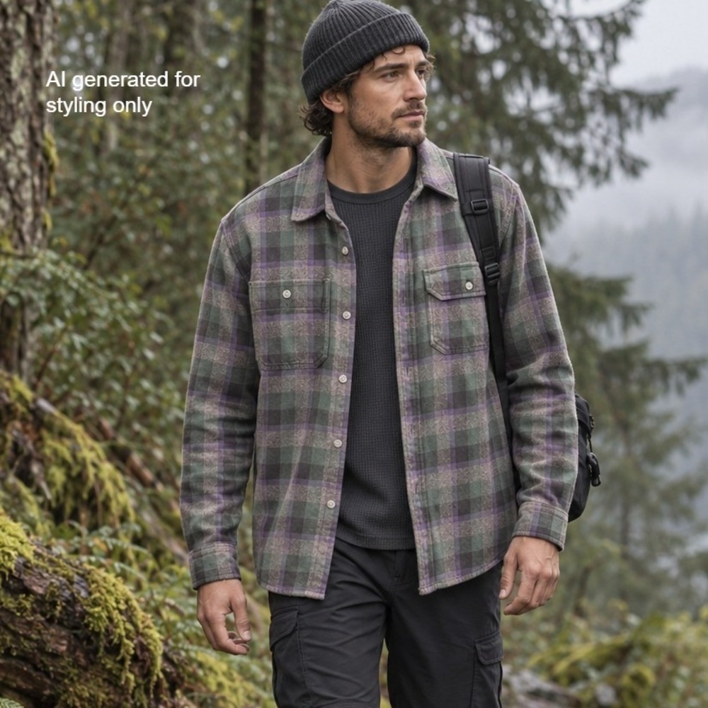 prAna Mens Slim Fit Organic Cotton Flannel Shirt Green Purple Plaid Medium